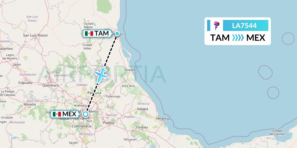 LA7544 LAN Airlines Flight Map: Tampico to Mexico City