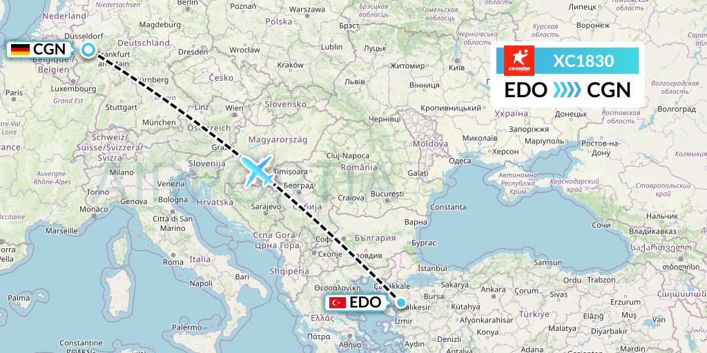 XC1830 Corendon Airlines Flight Map: Edremit to Cologne