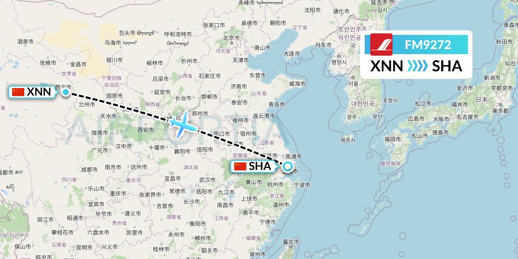 FM9272 Shanghai Airlines Flight Map: Xining to Shanghai