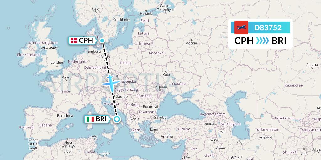 D83752 Norwegian Air International Flight Map: Copenhagen to Bari