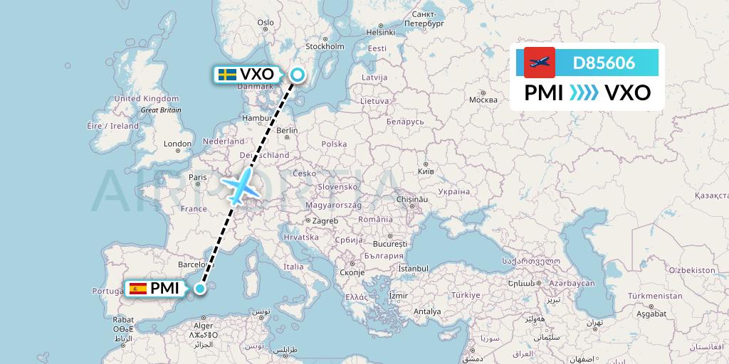 D85606 Norwegian Air International Flight Map: Palma de Mallorca to Vaxjo