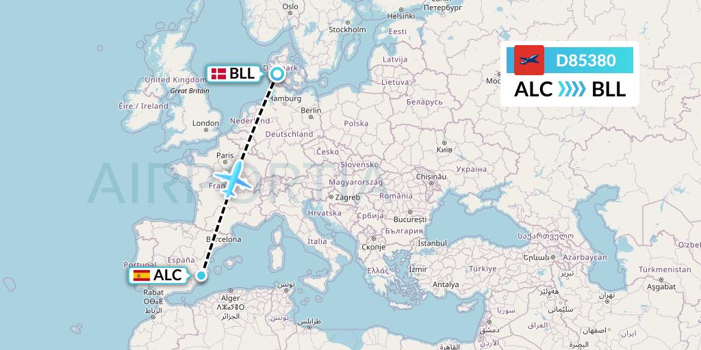 D85380 Norwegian Air International Flight Map: Alicante to Billund