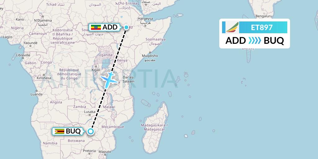 ET897 Ethiopian Airlines Flight Map: Addis Ababa to Bulawayo