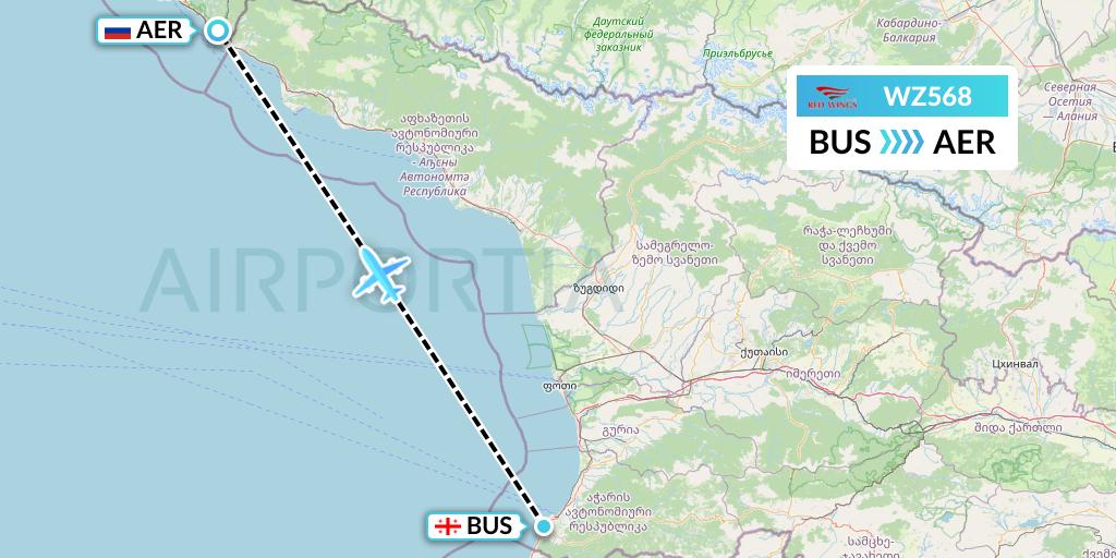 WZ568 Red Wings Flight Map: Batumi to Sochi