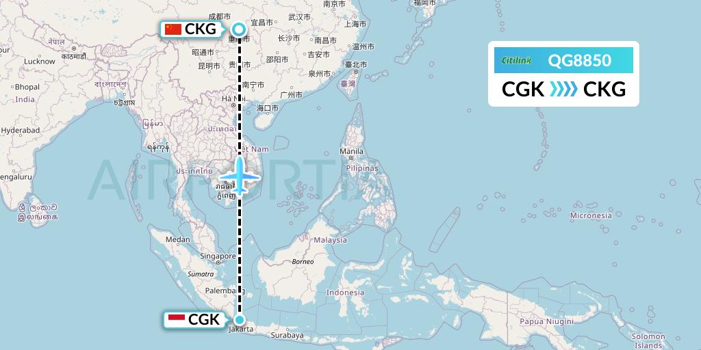 QG8850 Citilink Flight Map: Jakarta to Chongqing