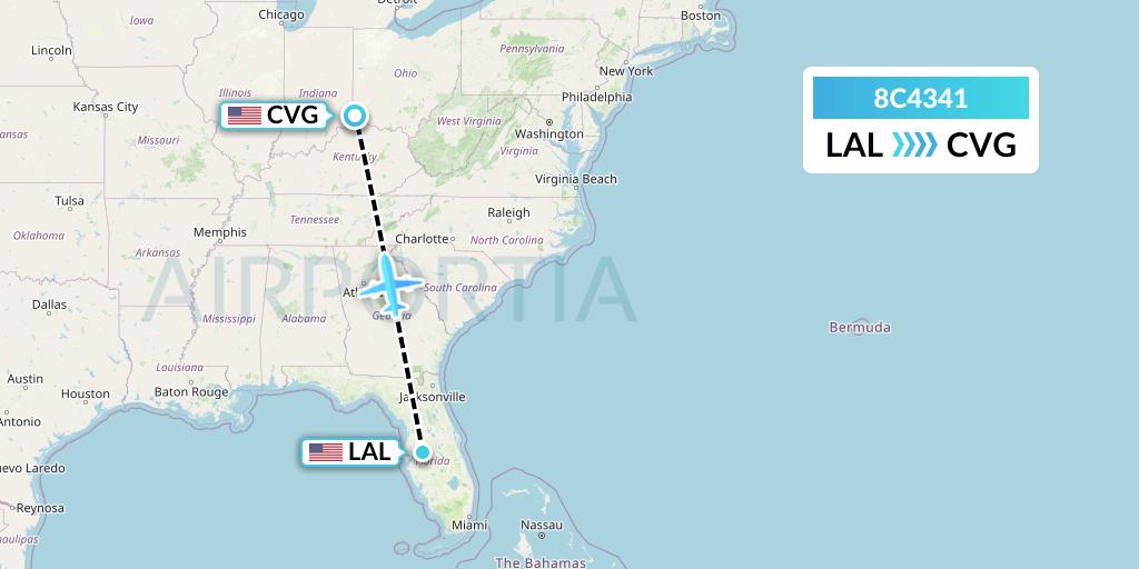 8C4341 Air Transport International Flight Map: Lakeland to Cincinnati