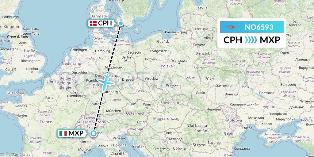 NO6593 Neos Flight Map: Copenhagen to Milan