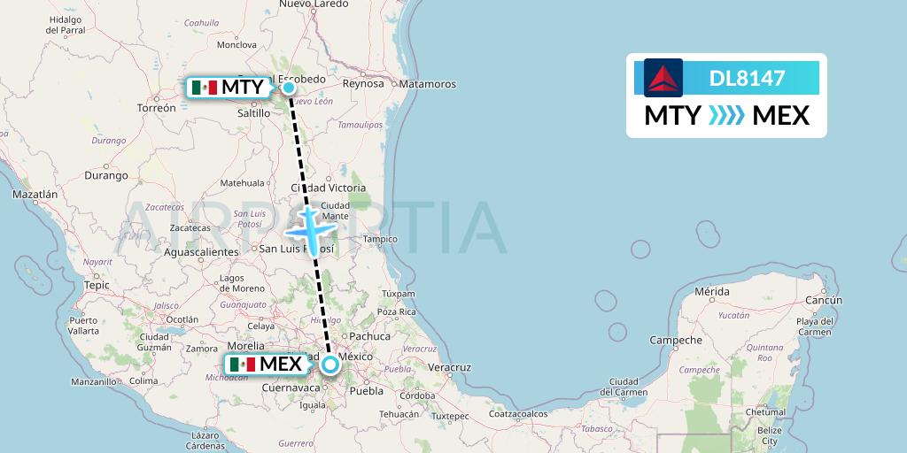 DL8147 Delta Air Lines Flight Map: Monterrey to Mexico City