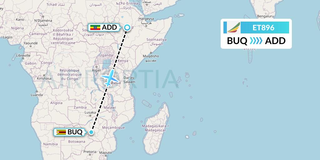 ET896 Ethiopian Airlines Flight Map: Bulawayo to Addis Ababa