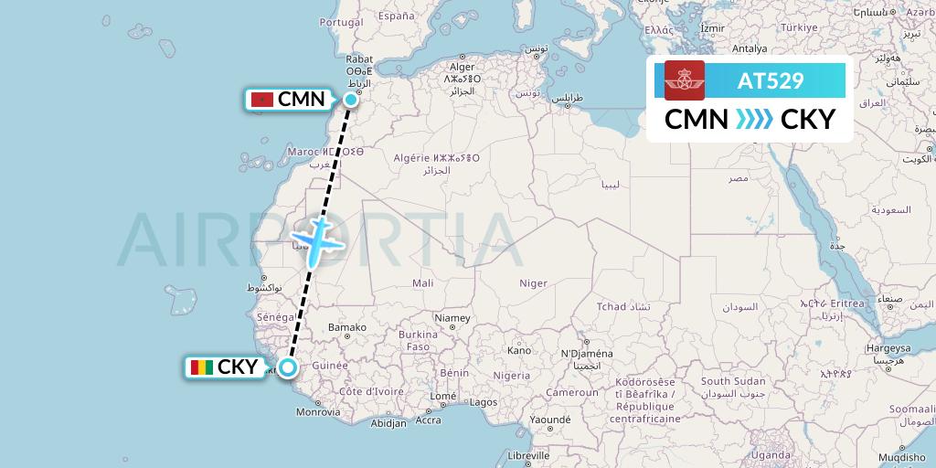 AT529 Royal Air Maroc Flight Map: Casablanca to Conakry