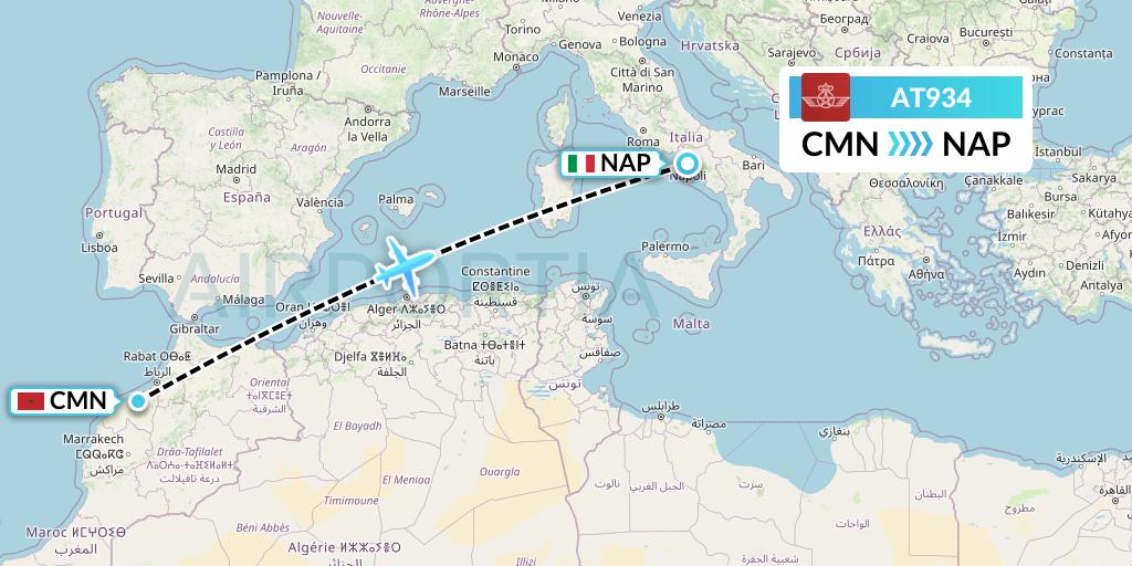 AT934 Royal Air Maroc Flight Map: Casablanca to Naples