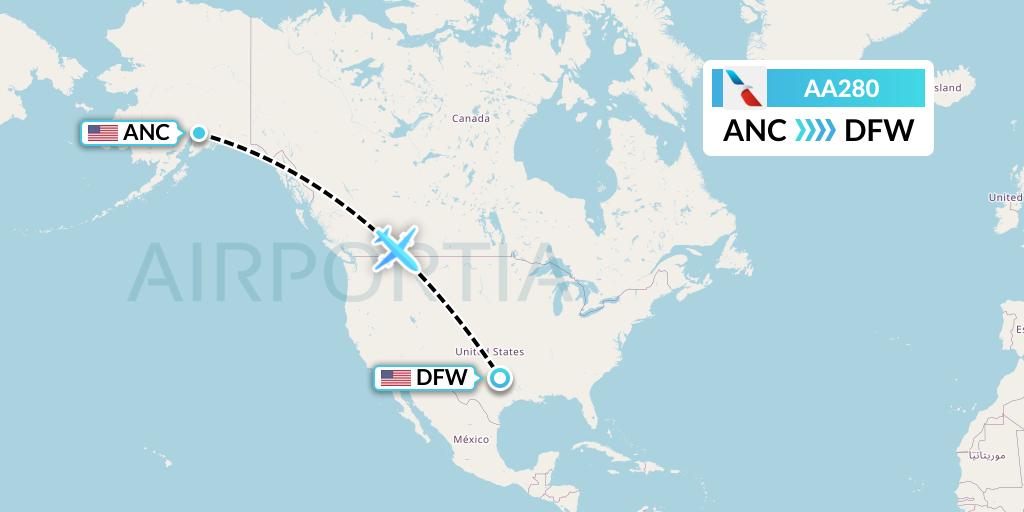 AA280 American Airlines Flight Map: Anchorage to Dallas