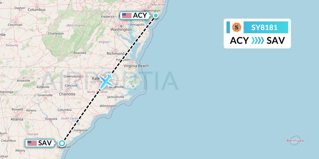 SY8181 Sun Country Airlines Flight Map: Atlantic City to Savannah