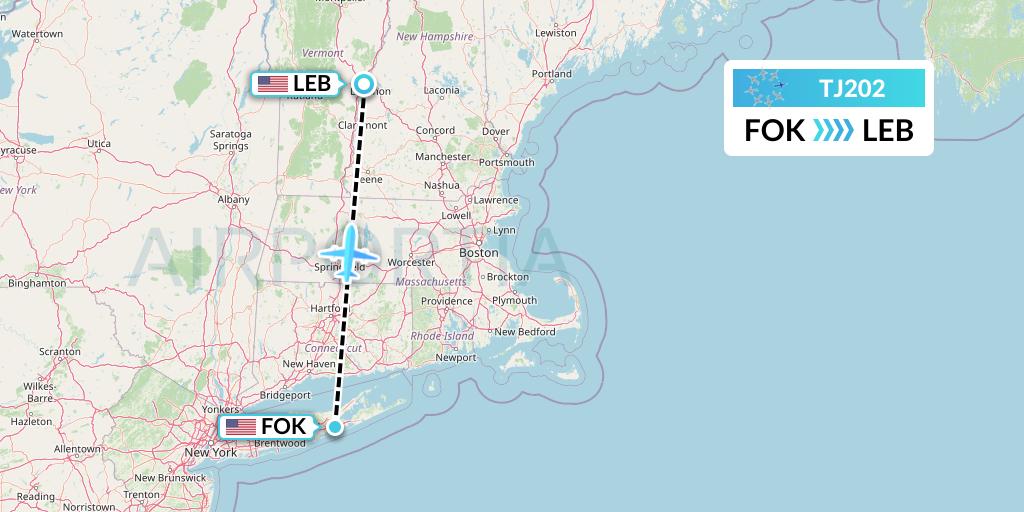 TJ202 Tradewind Aviation Flight Map: Westhampton Beach to Lebanon