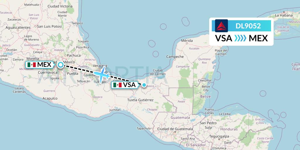 DL9052 Delta Air Lines Flight Map: Villahermosa to Mexico City