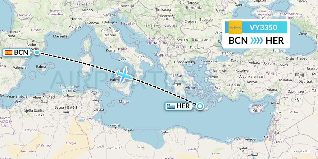 VY3350 Vueling Flight Map: Barcelona to Heraklion