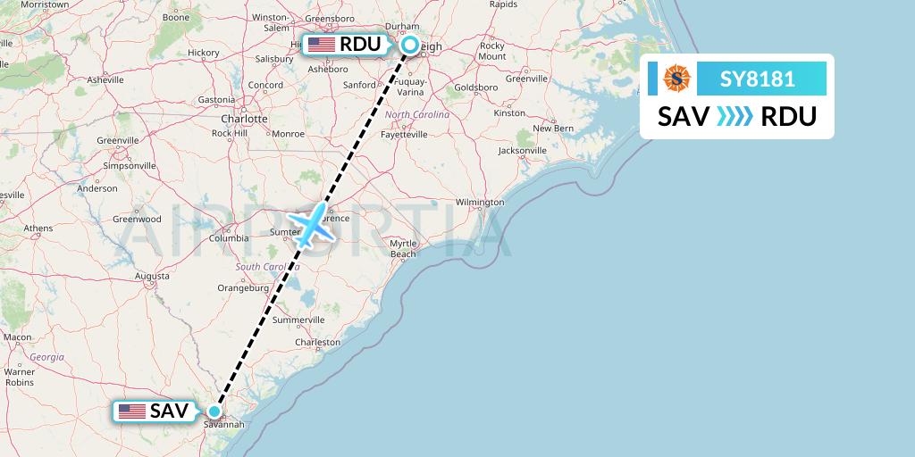 SY8181 Sun Country Airlines Flight Map: Savannah to Raleigh-Durham