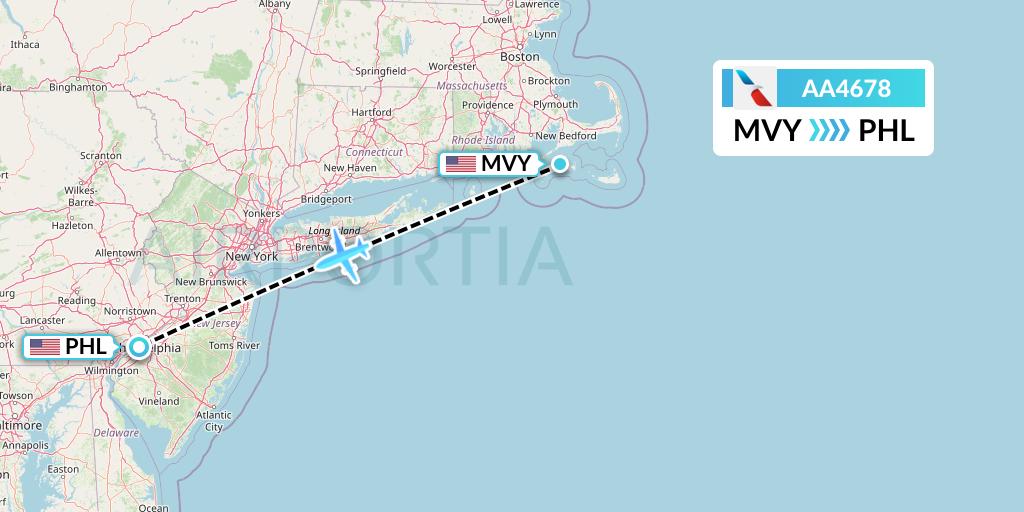 AA4678 American Airlines Flight Map: Martha's Vineyard to Philadelphia