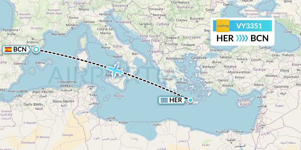 VY3351 Vueling Flight Map: Heraklion to Barcelona