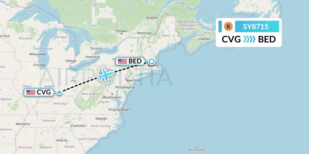 SY8715 Sun Country Airlines Flight Map: Cincinnati to Bedford