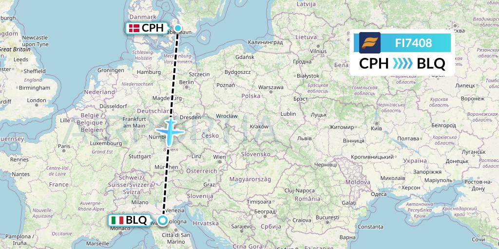 FI7408 Icelandair Flight Map: Copenhagen to Bologna
