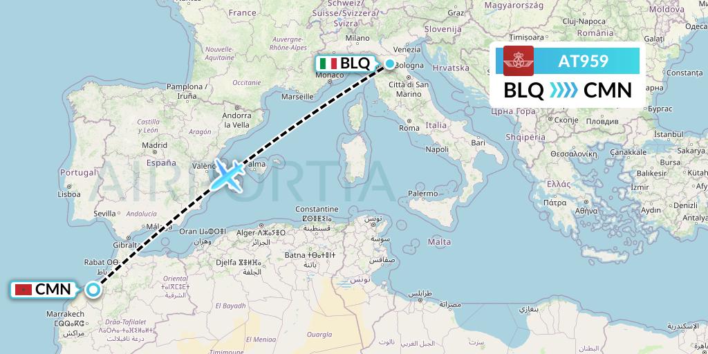 AT959 Royal Air Maroc Flight Map: Bologna to Casablanca