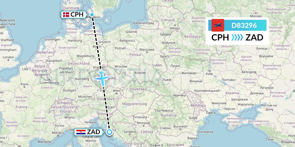 D83296 Norwegian Air International Flight Map: Copenhagen to Zadar