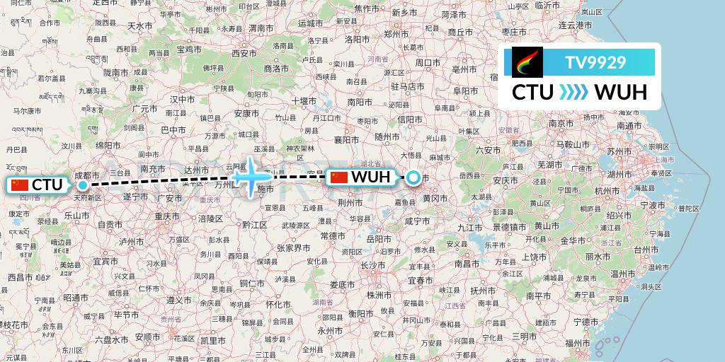 TV9929 Tibet Airlines Flight Map: Chengdu to Wuhan