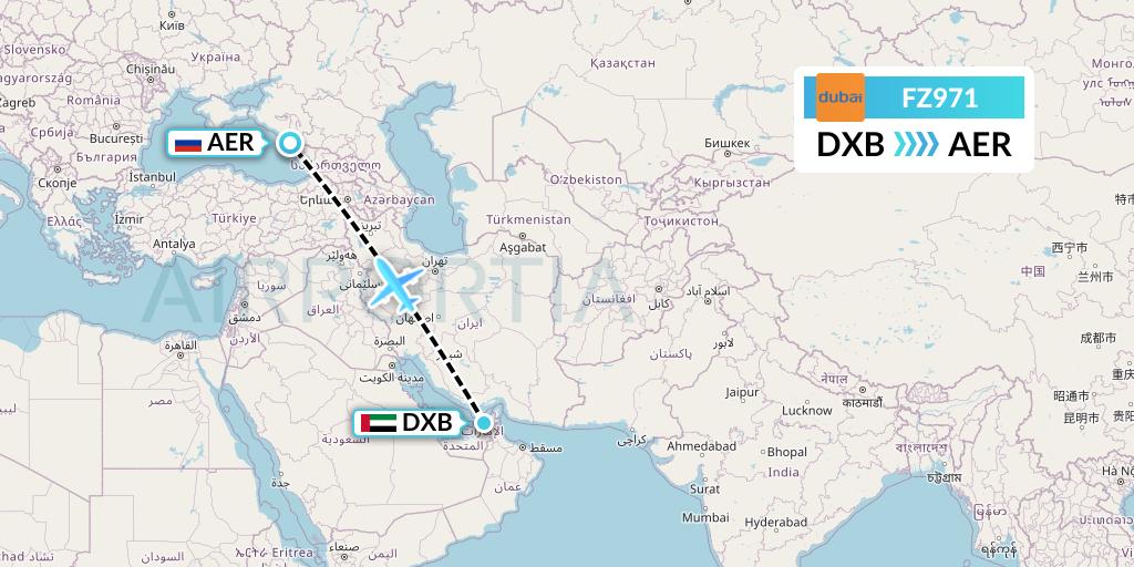 FZ971 FlyDubai Flight Map: Dubai to Sochi