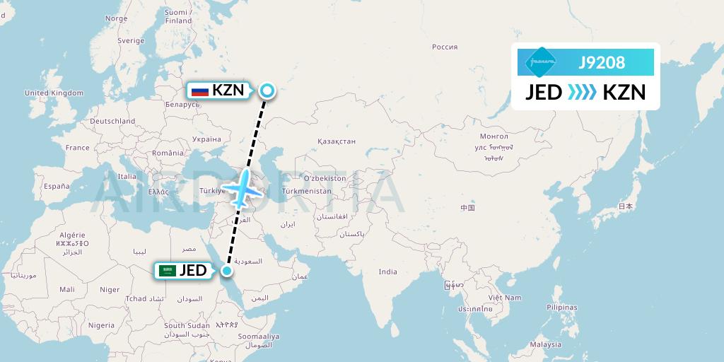 J9208 Jazeera Airways Flight Map: Jeddah to Kazan