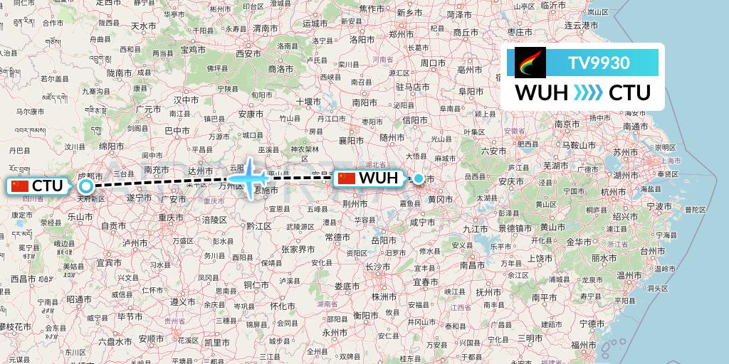 TV9930 Tibet Airlines Flight Map: Wuhan to Chengdu