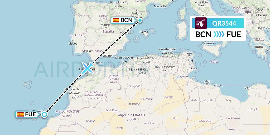 QR3544 Qatar Airways Flight Map: Barcelona to Fuerteventura