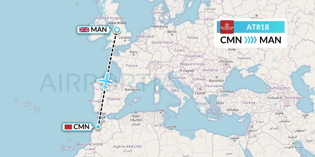 AT818 Royal Air Maroc Flight Map: Casablanca to Manchester
