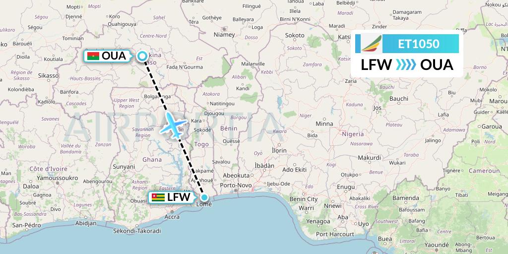 ET1050 Ethiopian Airlines Flight Map: Lome to Ouagadougou