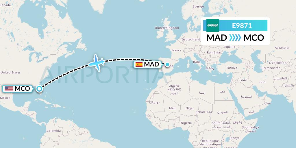 E9871 Evelop Airlines Flight Map: Madrid to Orlando