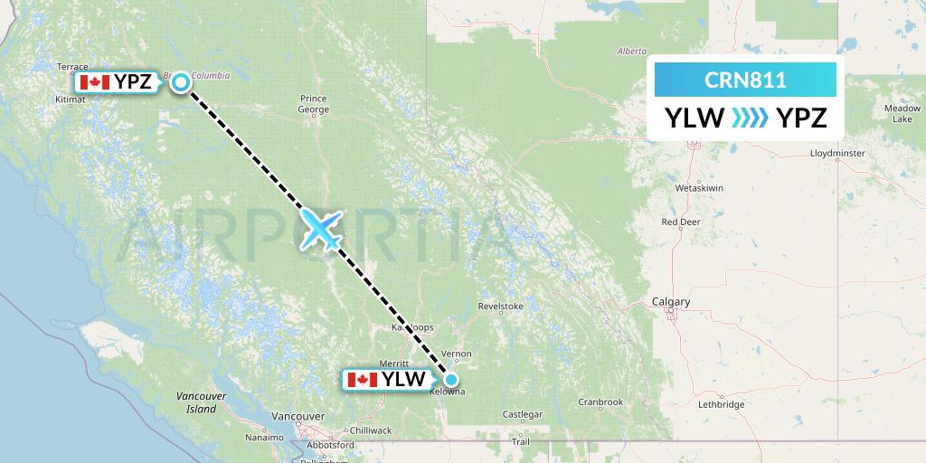 CRN811 Aerocaribbean Flight Map: Kelowna to Burns Lake