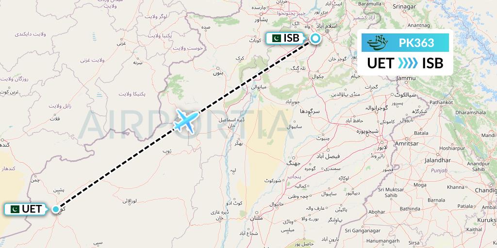 PK363 Pakistan International Airlines Flight Map: Quetta to Islamabad