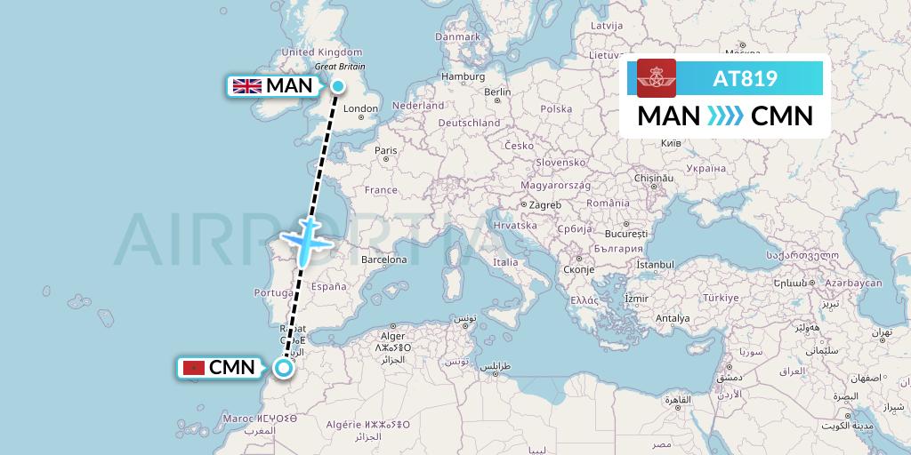 AT819 Royal Air Maroc Flight Map: Manchester to Casablanca