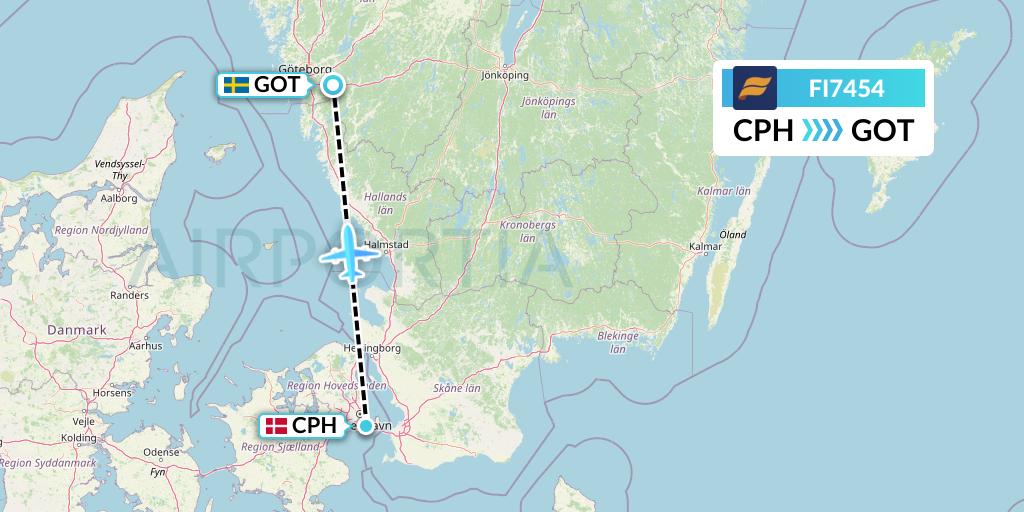 FI7454 Icelandair Flight Map: Copenhagen to Gothenburg