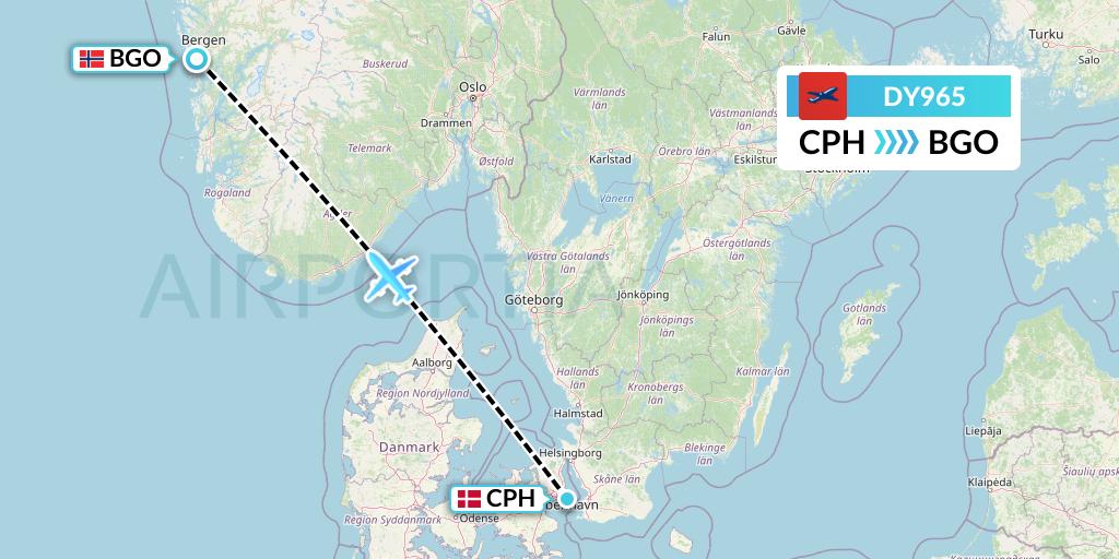 DY965 Norwegian Flight Map: Copenhagen to Bergen