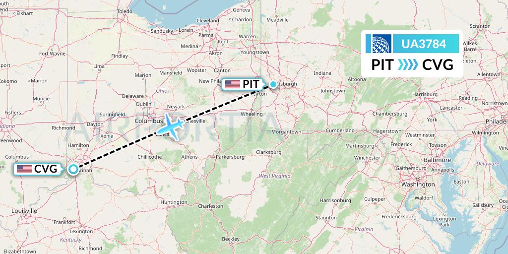 UA3784 United Airlines Flight Map: Pittsburgh to Cincinnati