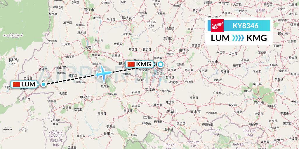 KY8346 Kunming Airlines Flight Map: Mangshi to Kunming