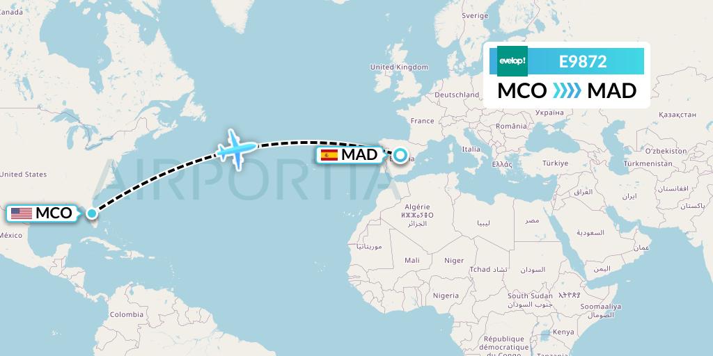 E9872 Evelop Airlines Flight Map: Orlando to Madrid