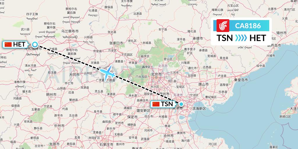 CA8186 Air China Flight Map: Tianjin to Hohhot