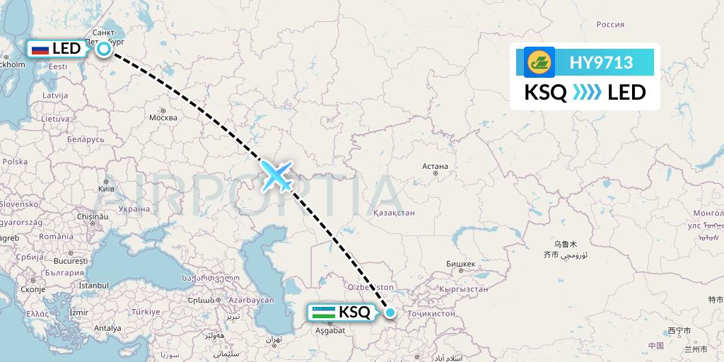 HY9713 Uzbekistan Airways Flight Map: Karshi to St. Petersburg