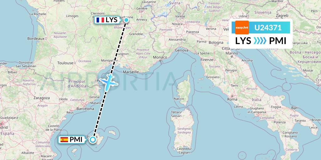U24371 EasyJet Flight Map: Lyon to Palma de Mallorca