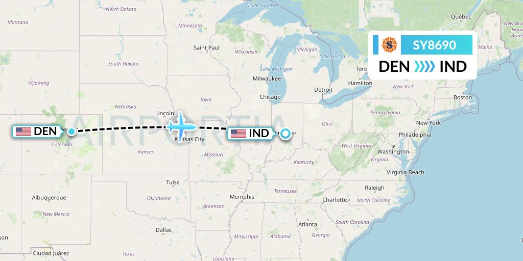 SY8690 Sun Country Airlines Flight Map: Denver to Indianapolis