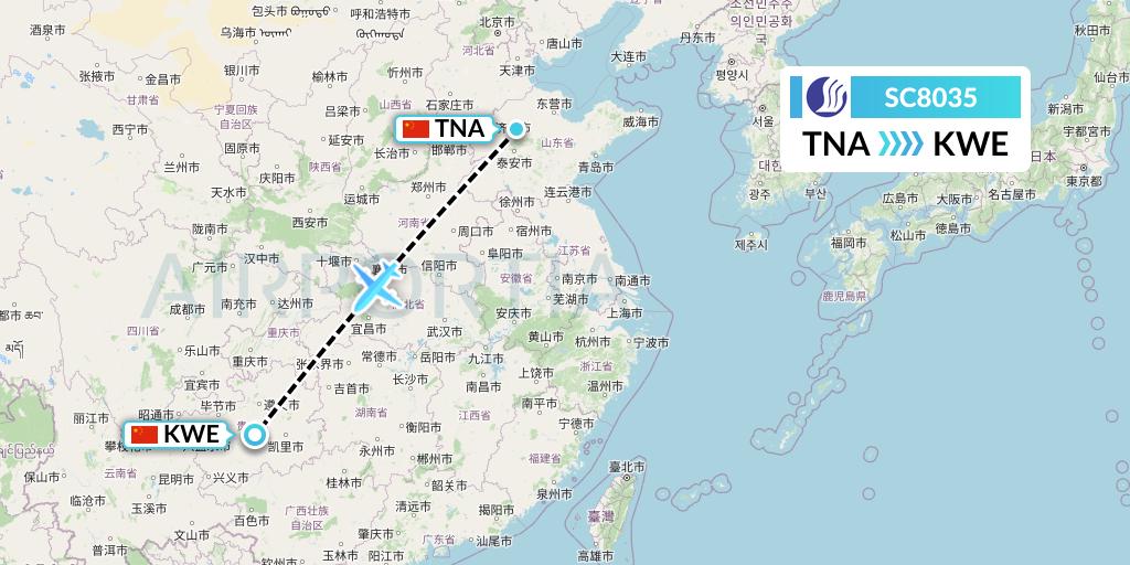 SC8035 Shandong Airlines Flight Map: Jinan to Guiyang