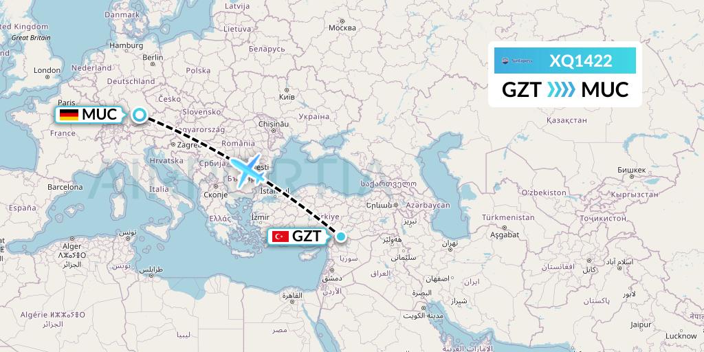 XQ1422 SunExpress Flight Map: Gaziantep to Munich
