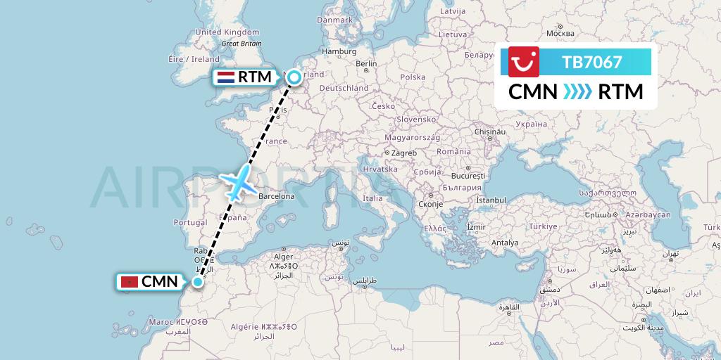 TB7067 TUI fly Belgium Flight Map: Casablanca to Rotterdam